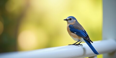 Obraz premium Bluebird perched on white railing with vibrant blue and tan feathers, isolated against soft yellow blurred outdoor background