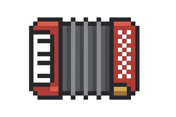 Accordion pixel art icon. 8-bit retro musical instrument for video game asset. Folk music symbol. Traditional melody and sound vector illustration for entertainment design.