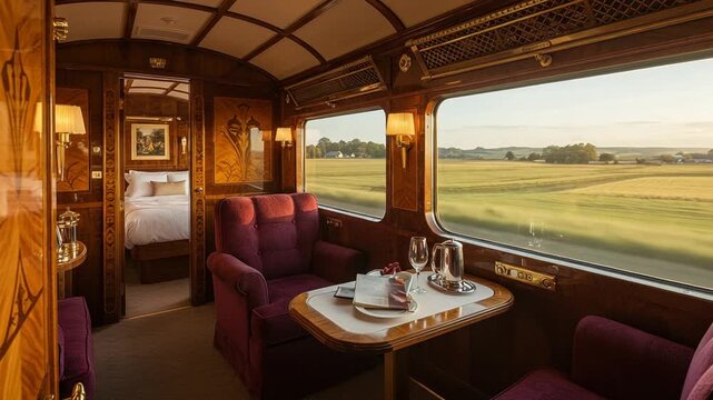 Luxurious train interior with scenic countryside view