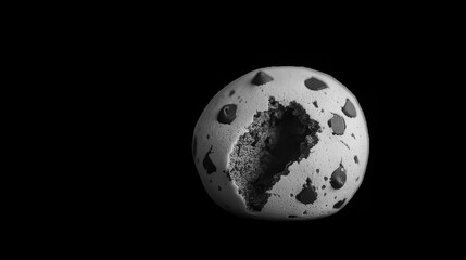 Closeup of a bitten chocolate chip cookie on a black background in monochrome style, studio shot