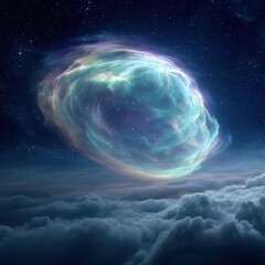 A glowing, ethereal nebula floats above dreamy clouds against a starry night sky, creating a surreal and cosmic atmosphere