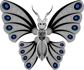 Robot butterfly in metal steampunk style. Cyborg insect on a white background.