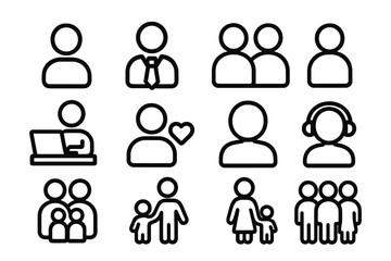 People icon set. User, family, staff, and team line icons. Simple avatar and profile symbols for UI UX. Business, work, group, and love vector illustration collection.