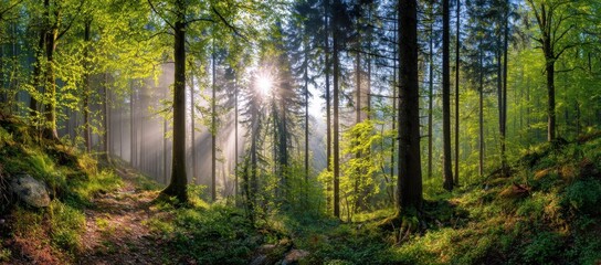 Obraz premium Peaceful green forest with sunbeams filtering through tall pine trees in early morning light