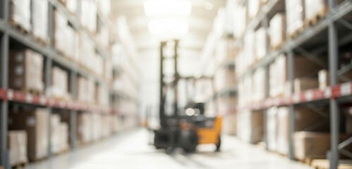 Fototapeta premium Blurred warehouse interior with shelves and a forklift truck in the center, highlighting industrial scale, distribution energy, and the functional atmosphere of modern storage.