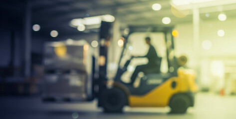 Forklift moving boxes inside a warehouse blurred motion industrial setting, capturing the speed and energy of logistics work in a large distribution environment filled with storage racks.