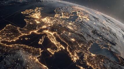 European continent at night, illuminated by city lights, with network lines