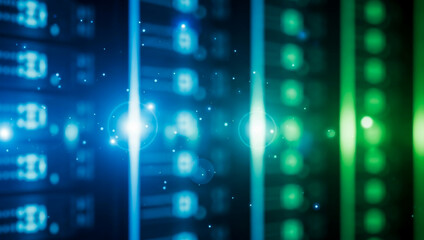 Abstract digital background with blue and green light effects and binary code, giving the impression of futuristic technology, data streams, and cybernetic networks in motion.