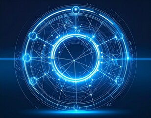 Intricate digital illustration of a glowing blue circular design with interconnected lines and nodes.