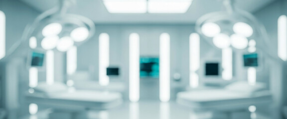 Blurred image of a sterile operating room with surgical lights and equipment, creating a futuristic medical atmosphere that emphasizes precision, cleanliness, and advanced healthcare.