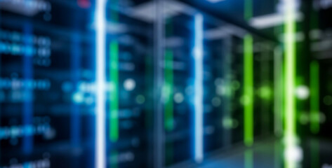 Blurred server room with blue and green lights representing data storage, evoking a futuristic digital network environment filled with technology, glowing energy, and abstract modern design.
