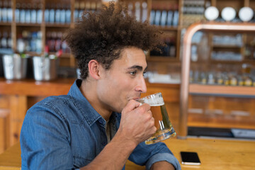Man in his twenties holding beer mug at pub counter near draft taps and ice buckets