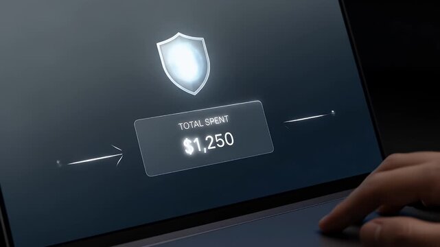 Laptop close on variance waterfall; embossed under-budget shield poised above total tile for reveal