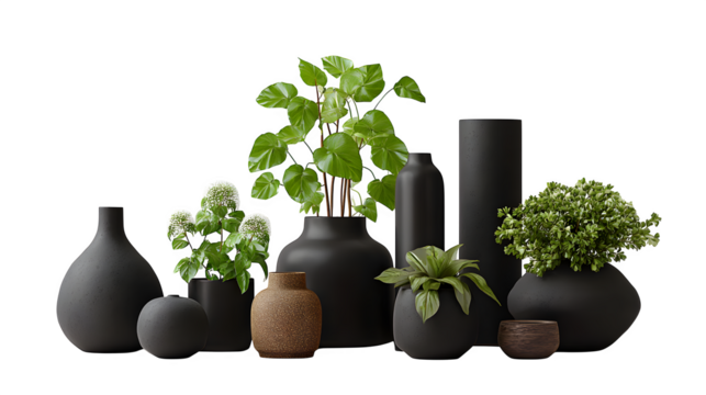 Modern Vases with Plants, isolated on transparent background