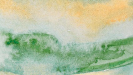 Abstract watercolor painting with a soft, blurred effect. The artwork features a gradient of colors, primarily greens, yellows, and hints of white, creating a sense of nature, landscape, or a dreamy 
