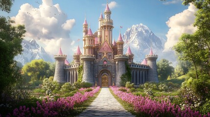 Fairytale Castle: Majestic Pink Palace Amidst Blooming Meadows and Mountains