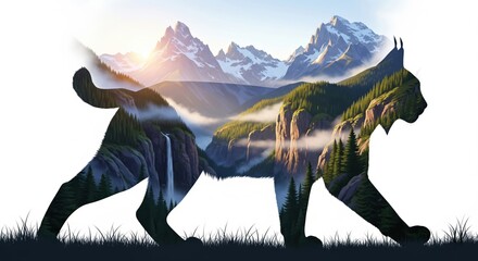 Double exposure of a lynx silhouette with a mountain landscape, isolated on white background