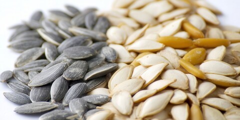Obraz premium Two types of seeds, sunflower and pumpkin, create a natural contrast on a white surface.