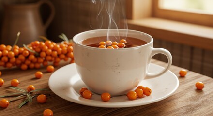 Hot sea buckthorn tea in a white cup with berries and steam