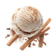 Delicious cinnamon ice cream scoop with spice sticks on black background