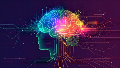 Dynamic abstract human brain visualization glowing with vibrant neon energy and digital circuits, representing artificial intelligence and cognitive science innovation.