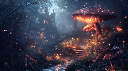 Enchanted Forest Path: Glowing Mushrooms and Fairy Lights