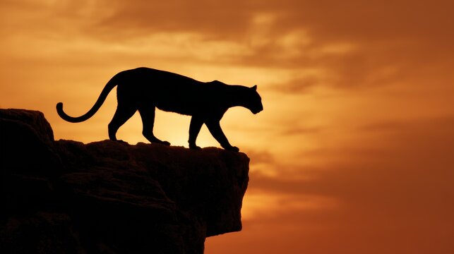 Majestic silhouette of a panther walking on a rocky ledge during a breathtaking sunset with vibrant orange hues in the sky