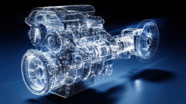 Detailed 3D Illustration of a Transparent Engine Structure with Digital Effects and Blue Background