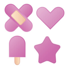 Purple kids bandage aid, love, popsicle and star gradient shape, icon set for decoration 