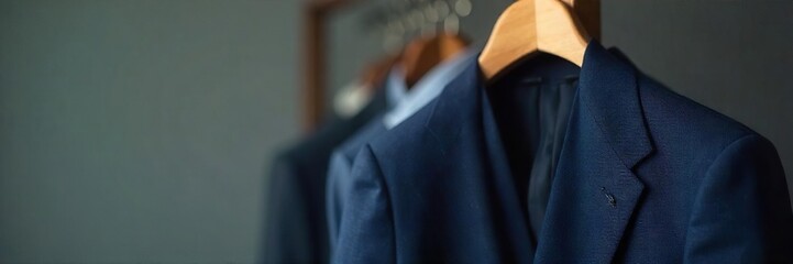 Sharp, tailored business suit hanging on a luxury wooden hanger, ready for a successful day Perfect for corporate, success, and achievement imagery , confidence, businesswoman, leadership