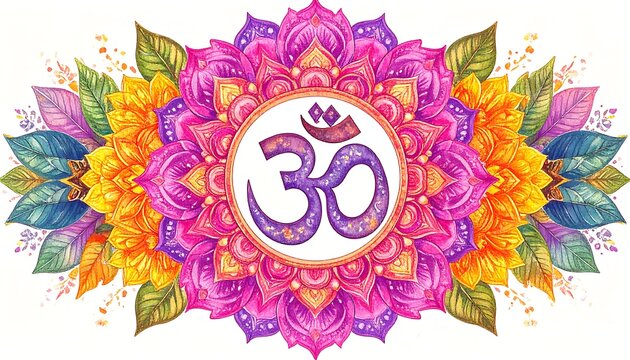 Colorful mandala with Om symbol, floral design