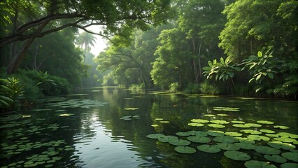 Obraz premium Serene River Scene with Lily Pads and Lush Green Forest Canopy Overhead
