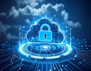 A glowing blue digital cloud icon with a padlock symbolizes secure cloud computing and data protection, set against a backdrop of digital circuits and atmospheric clouds.