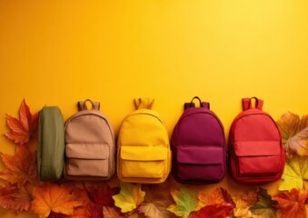 Modern Autumn School Backpack Collection on Yellow Background Premium Education Lifestyle Content for Back to School Marketing Campaigns and Social Media