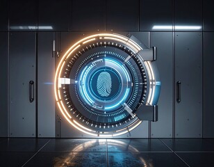Futuristic vault door with a glowing fingerprint scanner in the center, symbolizing advanced security and access control.