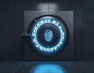 A futuristic vault door with a glowing blue circular interface featuring a prominent fingerprint scanner, symbolizing advanced security and biometric authentication.