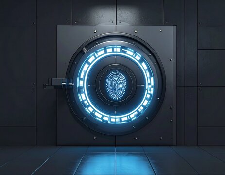 A futuristic vault door with a glowing blue circular interface featuring a prominent fingerprint scanner, symbolizing advanced security and biometric authentication.