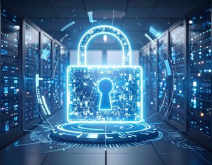 A glowing digital padlock symbolizes data security and protection within a server room.