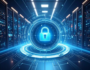 A glowing blue padlock icon surrounded by digital circuitry and data streams, representing cybersecurity and data protection in a server room.