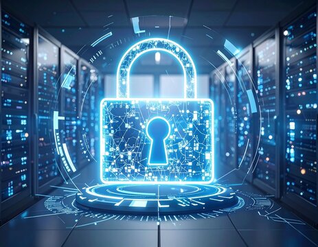 A glowing digital padlock symbolizes data security and protection within a server room.