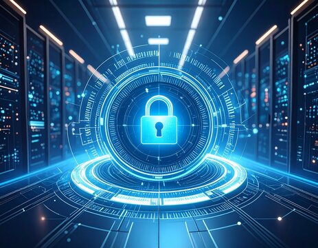 A glowing blue padlock icon surrounded by digital circuitry and data streams, representing cybersecurity and data protection in a server room.
