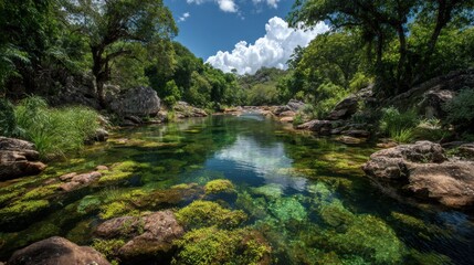Fototapeta premium Professional Pool Day Summer Travel Authentic Eco-Tourism at Canio Cristales River for Millennial Adventure Marketing Campaigns with Inspiring Natural Wonder
