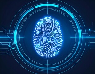 A glowing blue digital fingerprint displayed within a futuristic circular scanning interface, representing biometric security and identification technology.