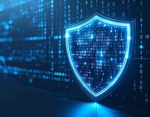 A vibrant blue digital shield icon stands prominently against a background of flowing binary code, symbolizing robust cybersecurity and data protection in a ...