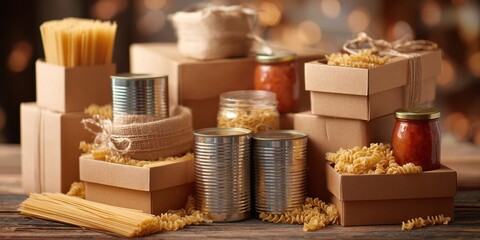 Fototapeta premium Premium World Duchenne Awareness Day Food Donation Display with Cardboard Boxes and Canned Goods for Autumn Harvest and Black Friday Charity Drives