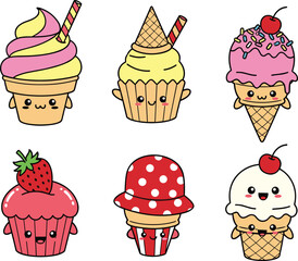 Colorful kawaii ice cream and cupcake characters with happy faces, cherries, strawberries, sprinkles, cones, playful dessert cartoon illustration set