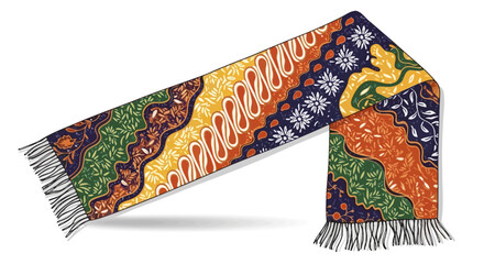 A colorful batik scarf with intricate patterns and fringe, displayed diagonally on a white background, casting a soft shadow.