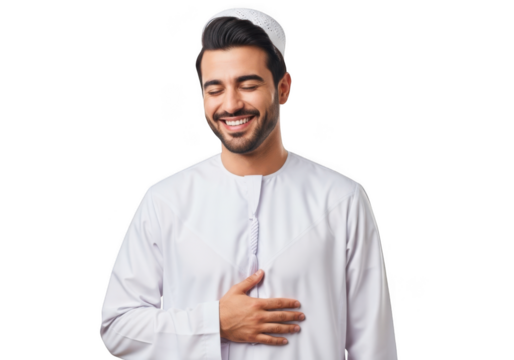 Smiling emirati man in traditional dress laughing portrait photography, middle eastern culture, isolated on transparent background
