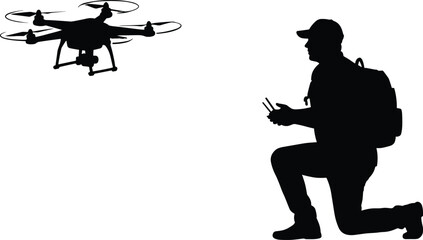 Silhouette man flying drone, operator controlling quadcopter, drone technology concept, modern aerial photography, outdoor exploration, innovation, adventure, wireless remote control
