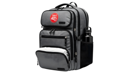 A gray travel backpack with a 40 off sale sticker isolated on transparent background